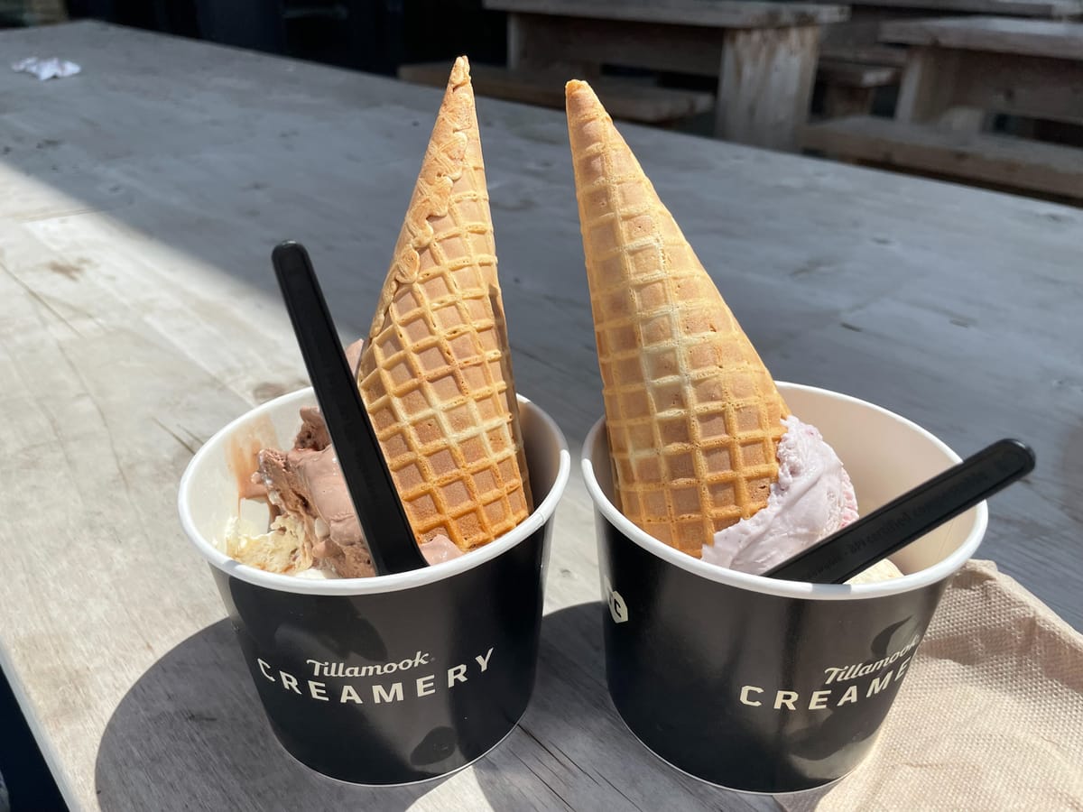 Two ice cream cones in cups that say Tillamook creamery